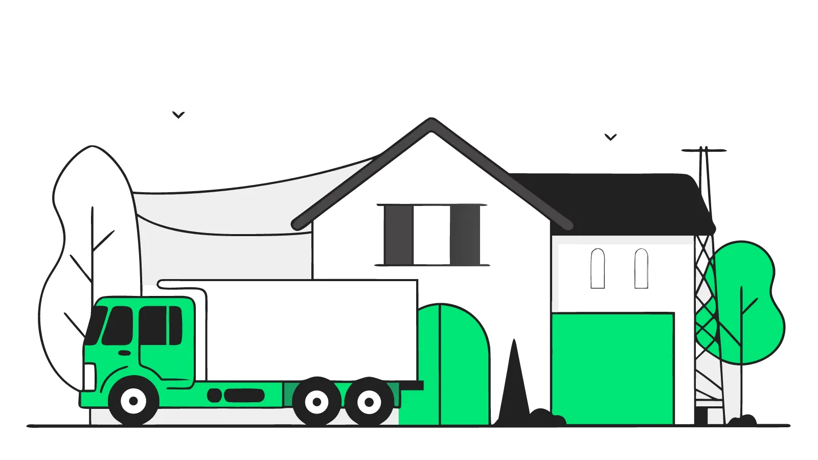Illustration of a semi with a compact EV charger beside a detached house with a larger three-phase unit
