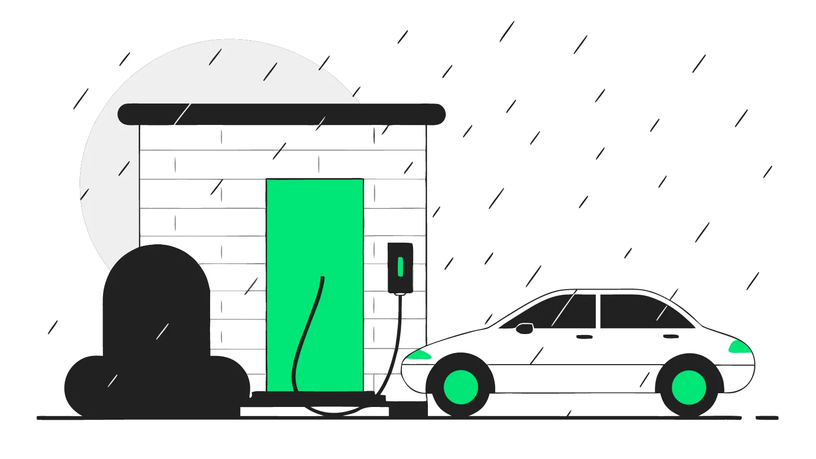 Illustration of a glowing EV wallbox on a wet brick wall charging a snow-dusted car in heavy rain at night