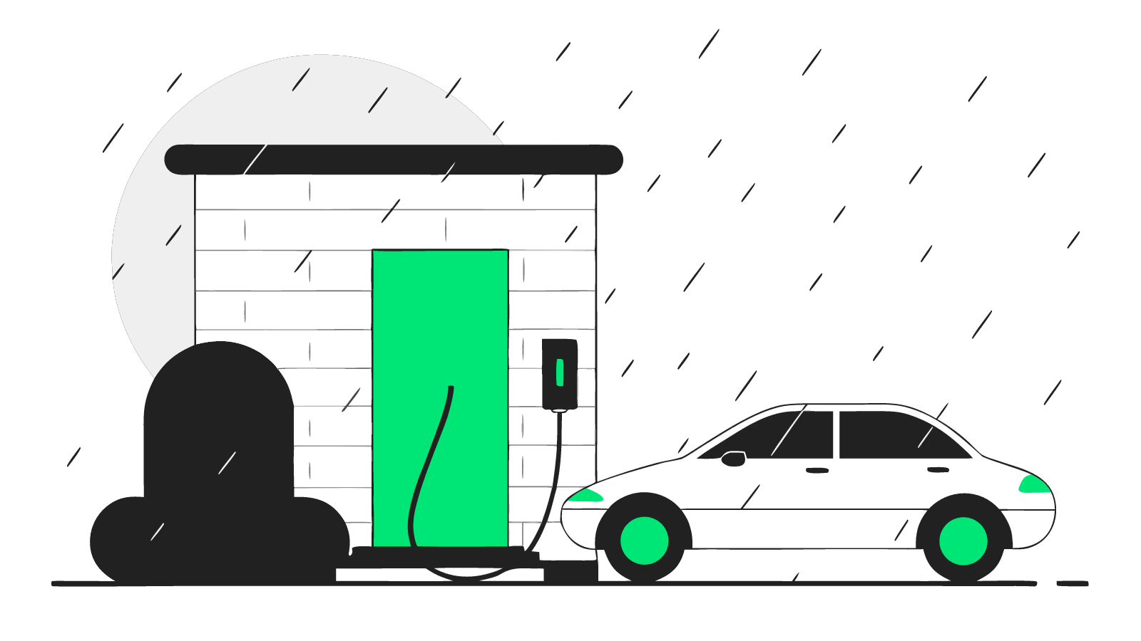Illustration of a glowing EV wallbox on a wet brick wall charging a snow-dusted car in heavy rain at night