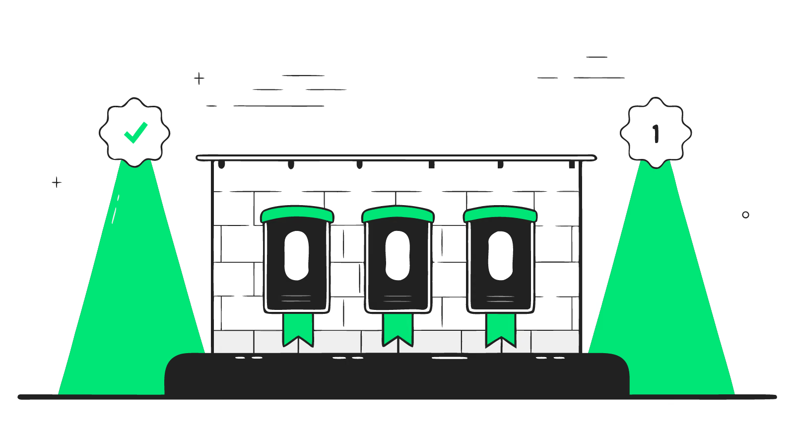 Illustration of five home EV chargers displayed in a row on a brick wall with a winner's rosette on one