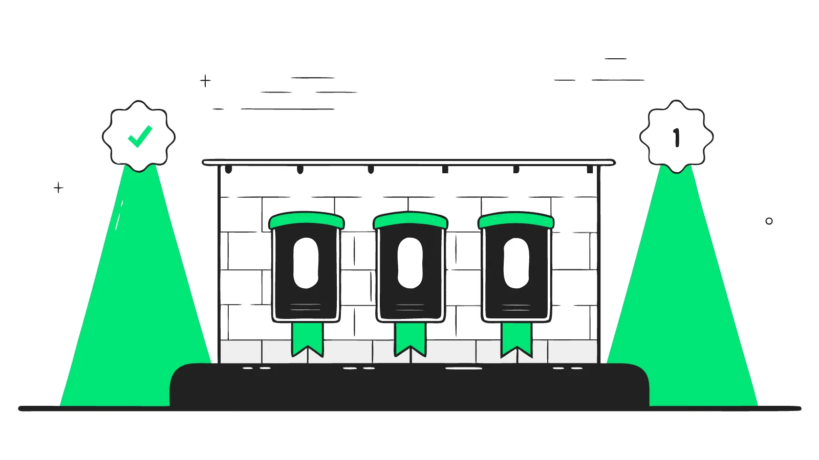 Illustration of five home EV chargers displayed in a row on a brick wall with a winner's rosette on one