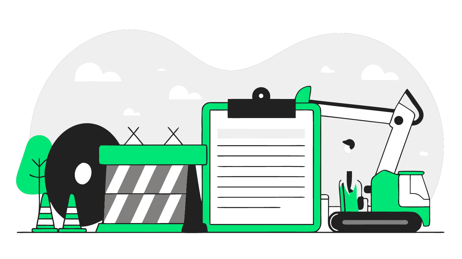Illustration of a business car park with an open cable trench, digger and quote clipboard beside a new EV charger