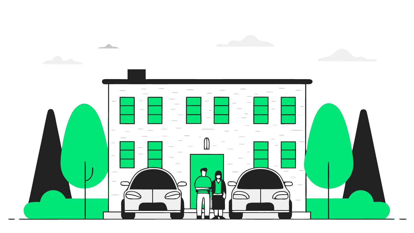 Illustration of a UK office site with wall-mounted EV chargers and a freestanding rapid unit in the car park
