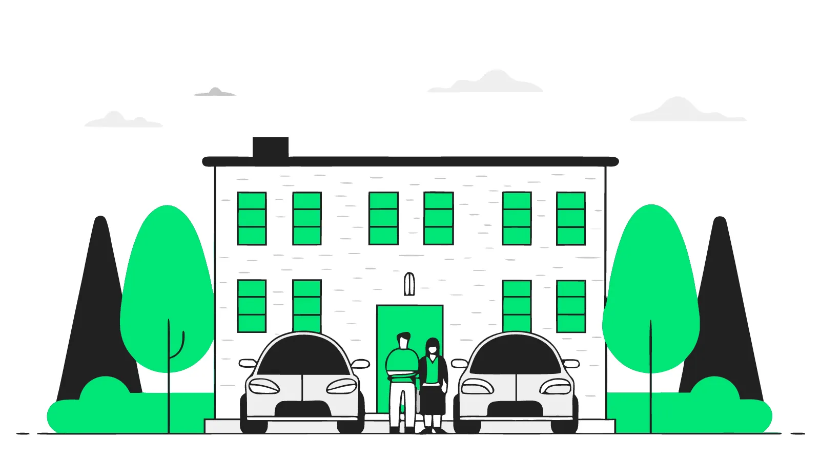 Illustration of a UK office site with wall-mounted EV chargers and a freestanding rapid unit in the car park