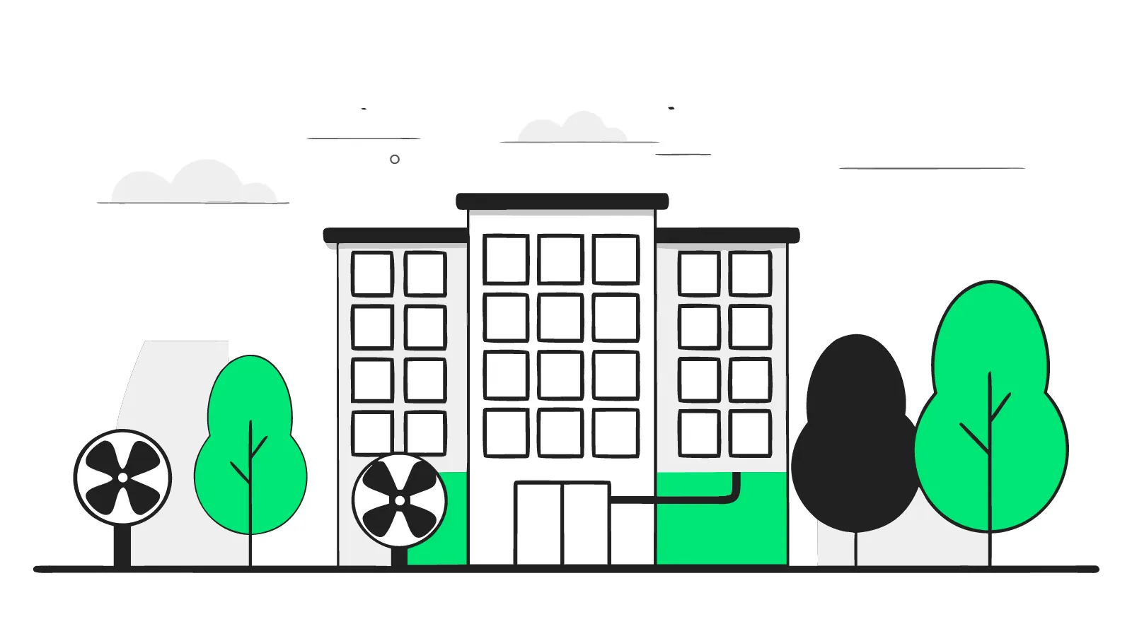 Illustration of power flowing from one office supply and splitting between a row of EV chargers at dusk