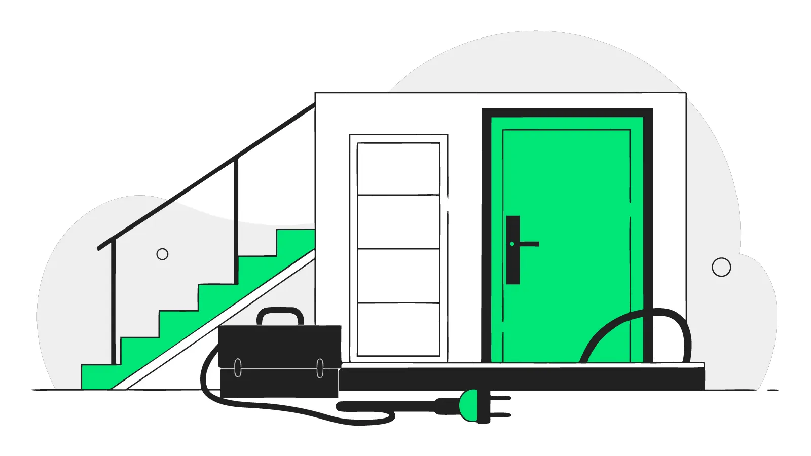 Illustration of an open under-stairs cupboard with a consumer unit, tool bag and new cable along the hallway