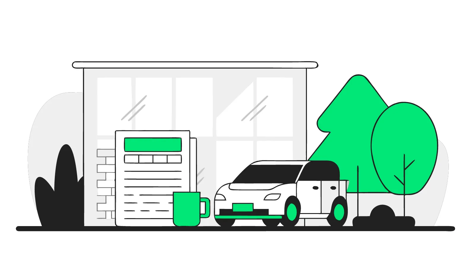 Illustration of a quote sheet, calculator and mug of tea on a kitchen table with an EV charger visible outside