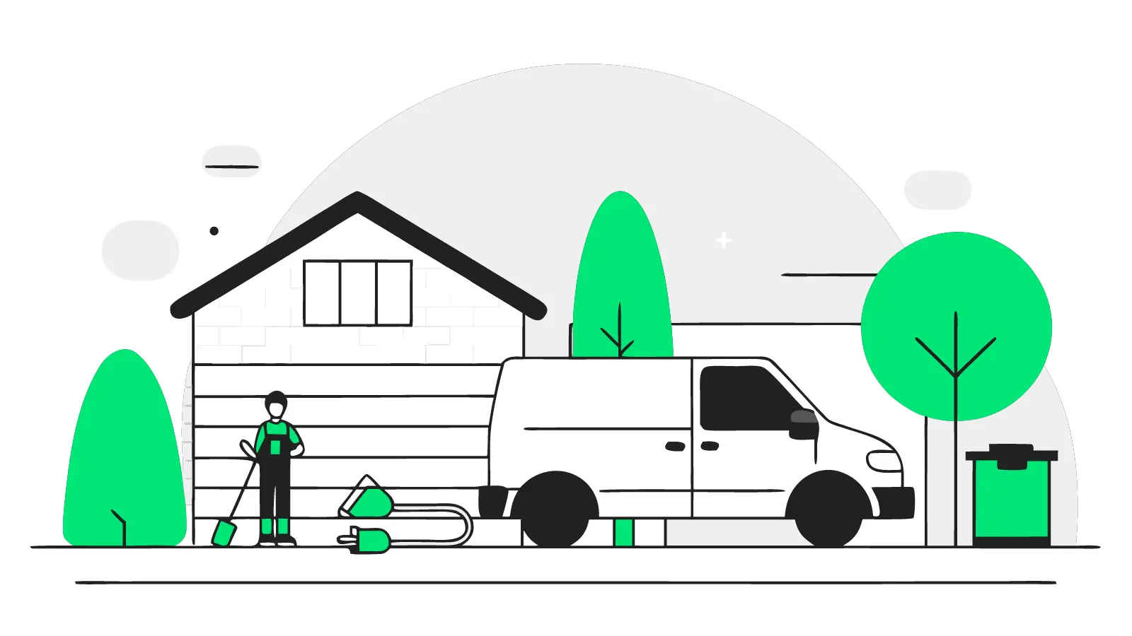 Illustration of an EV charger, tools and trench laid out on a driveway with blank price tags on each item