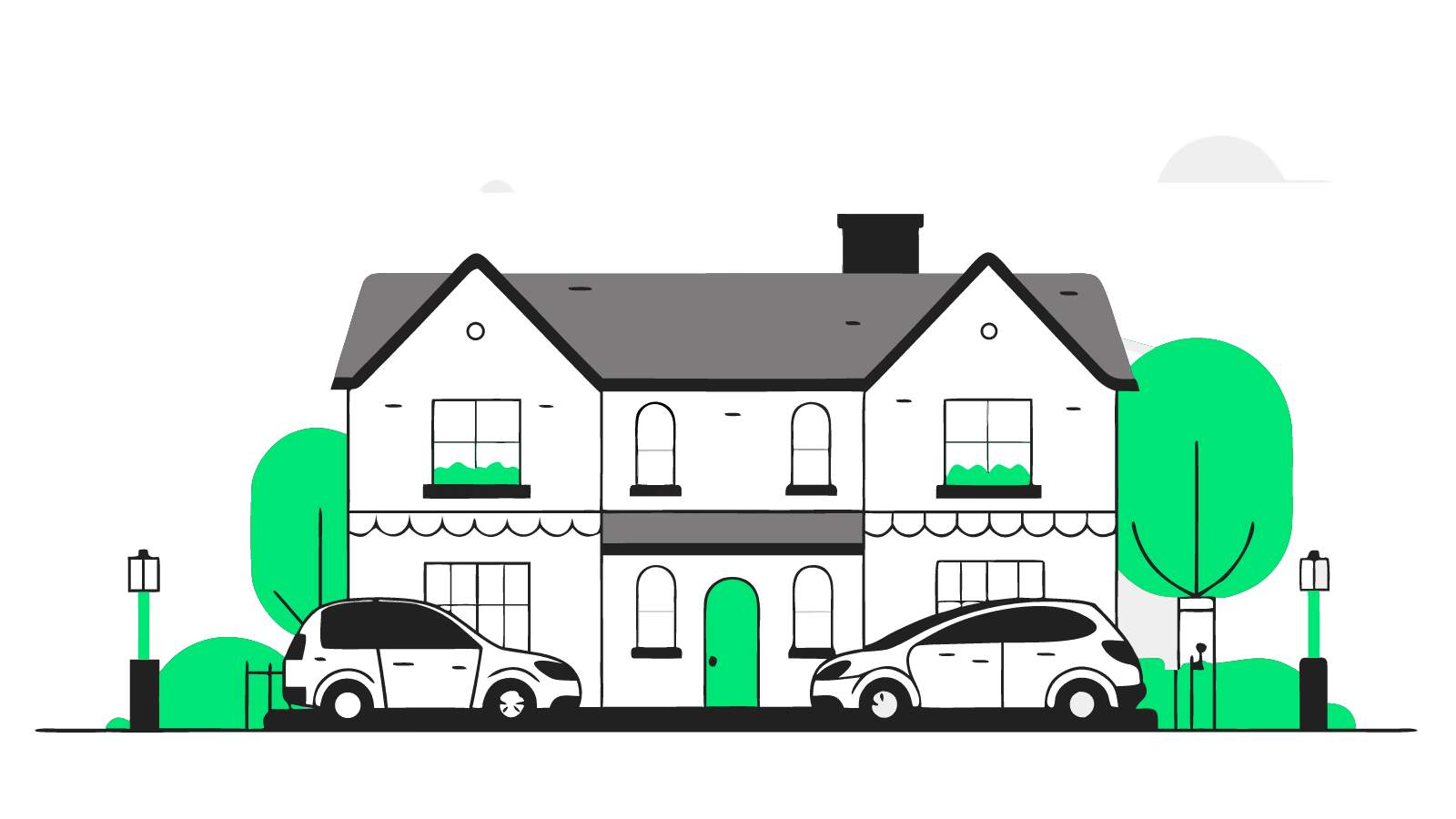 Illustration of a British pub forecourt with EVs charging at pedestal chargers while guests sit outside