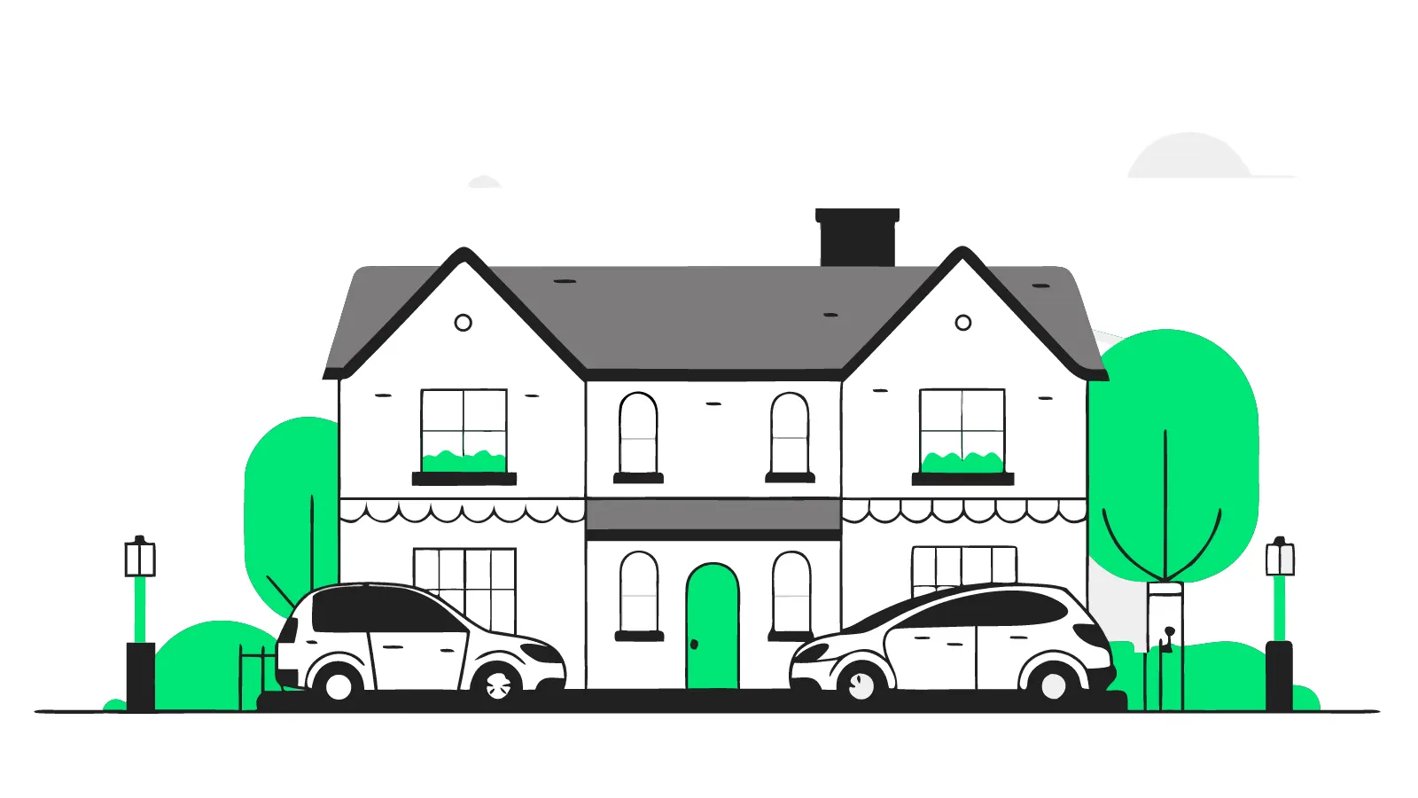 Illustration of a British pub forecourt with EVs charging at pedestal chargers while guests sit outside