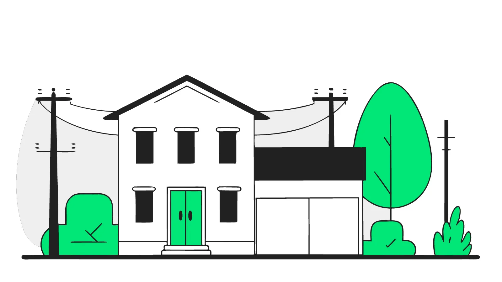 Illustration of a UK terraced street with power lines and a substation linked to a house with a new EV charger
