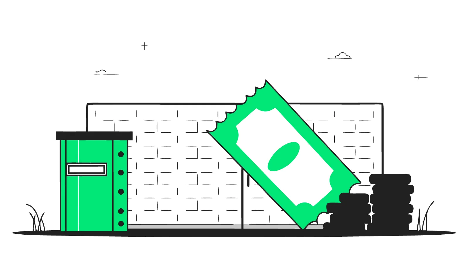 Illustration of a giant ribboned voucher leaning against a brick wall next to a home EV charger