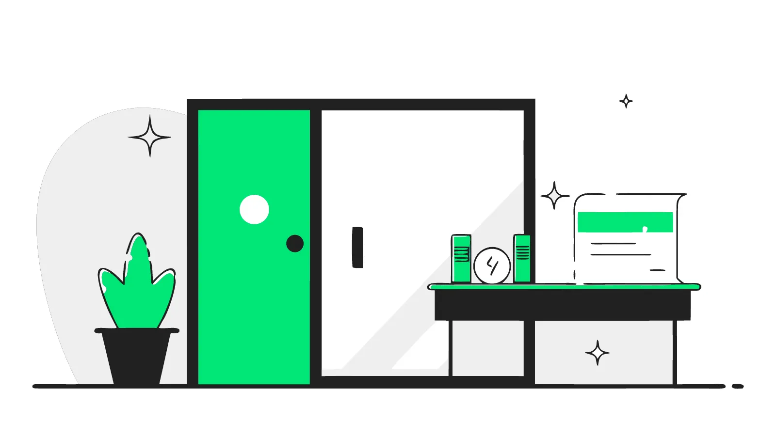 Illustration of five sealed certificates fanned on a hall table with an EV charger visible through the door