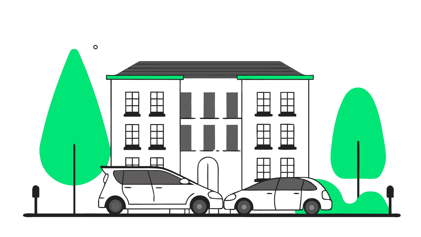 Illustration of one lit allocated parking bay with an EV charger outside a brick block of flats at dusk