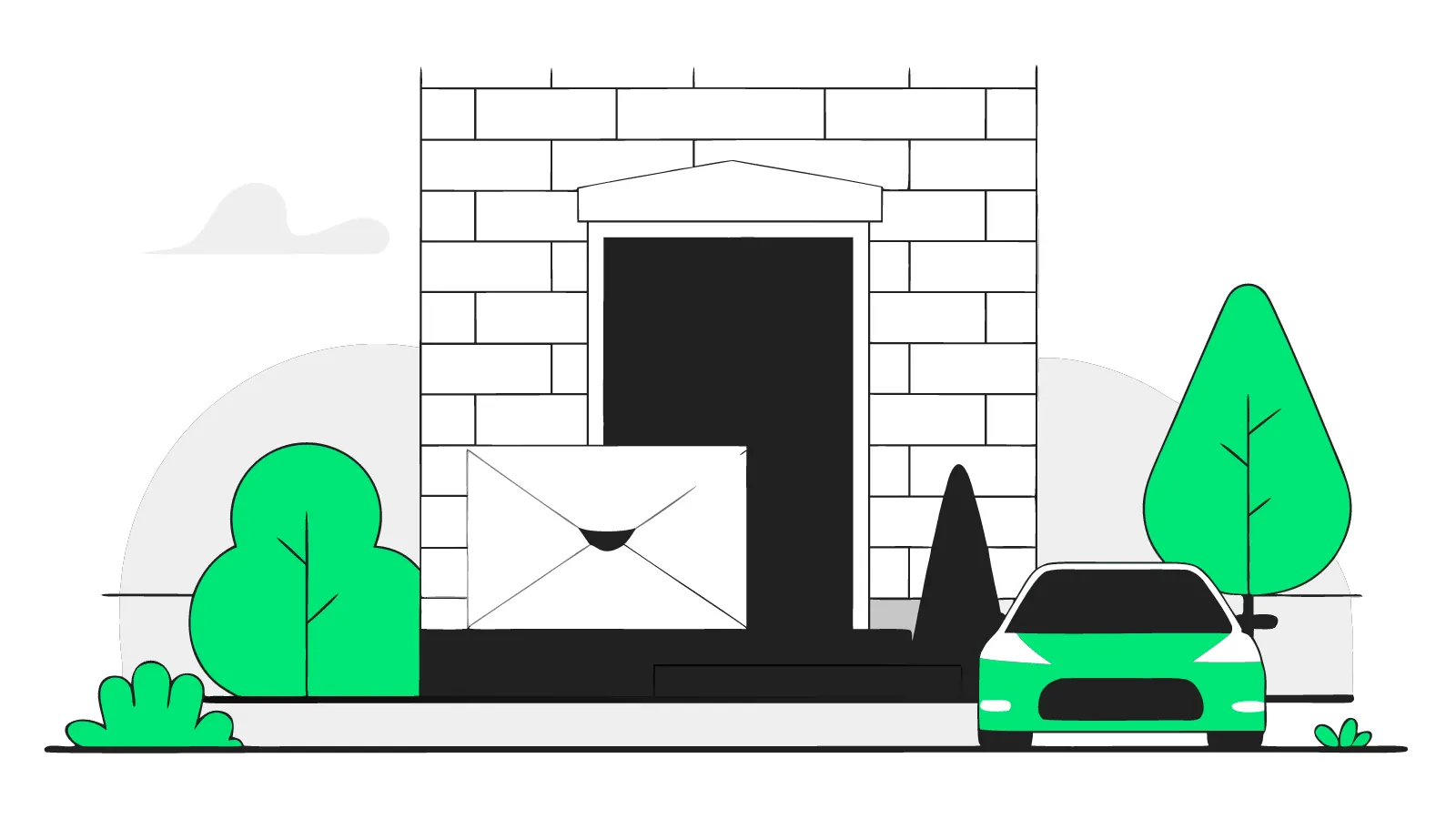 Illustration of a sealed permission letter and boxed EV charger on the doorstep of a terraced house