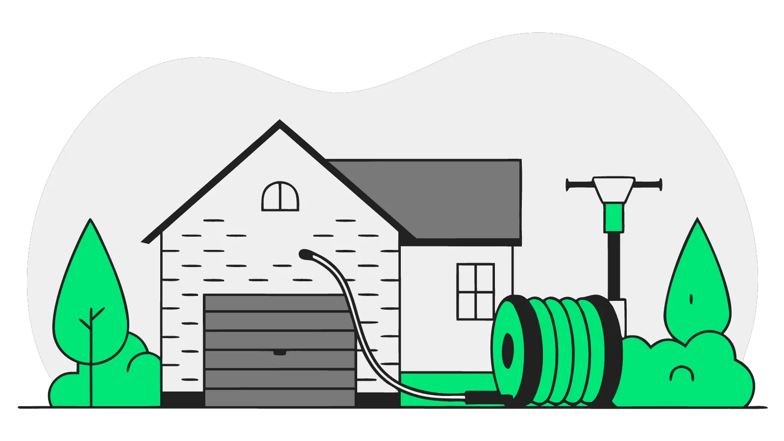 Illustration of a trench line crossing a garden from a house to a detached garage with cable reel and spade