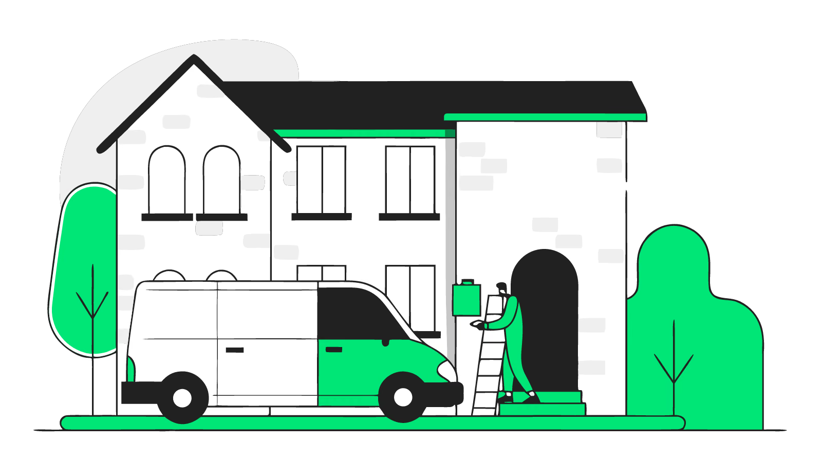 Illustration of an installer on a step ladder fitting a wallbox at a brick semi with a work van on the drive