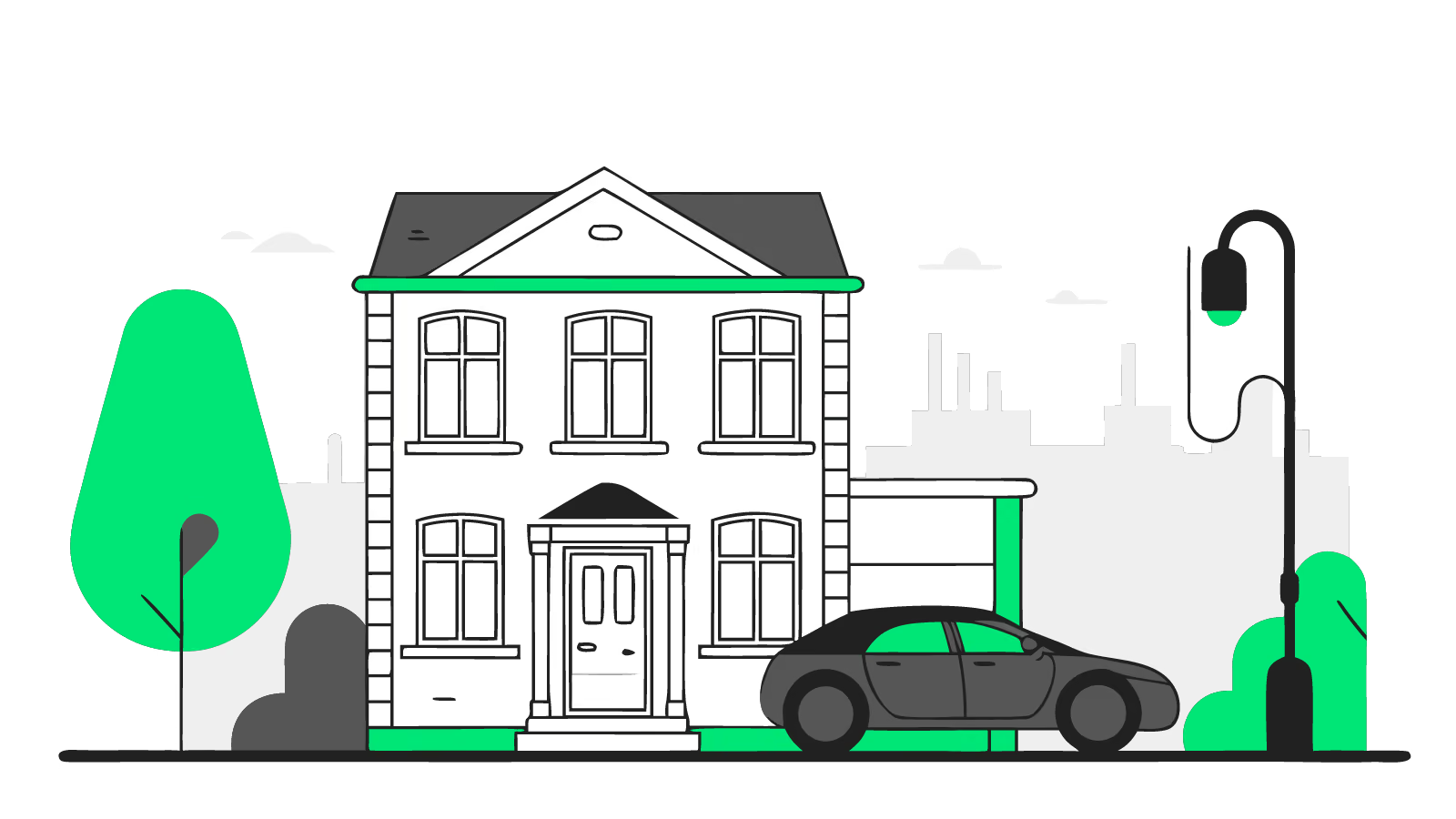 Illustration of a modern EV wallbox on the aged brick wall of a Victorian terraced house with sash windows