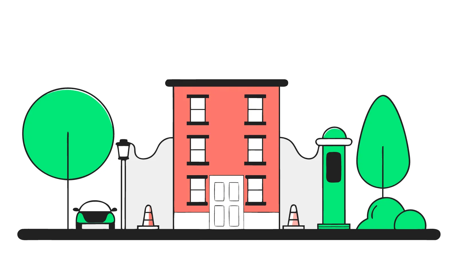 Illustration of a brick UK apartment block with EV chargers in the residents' parking bays at dusk