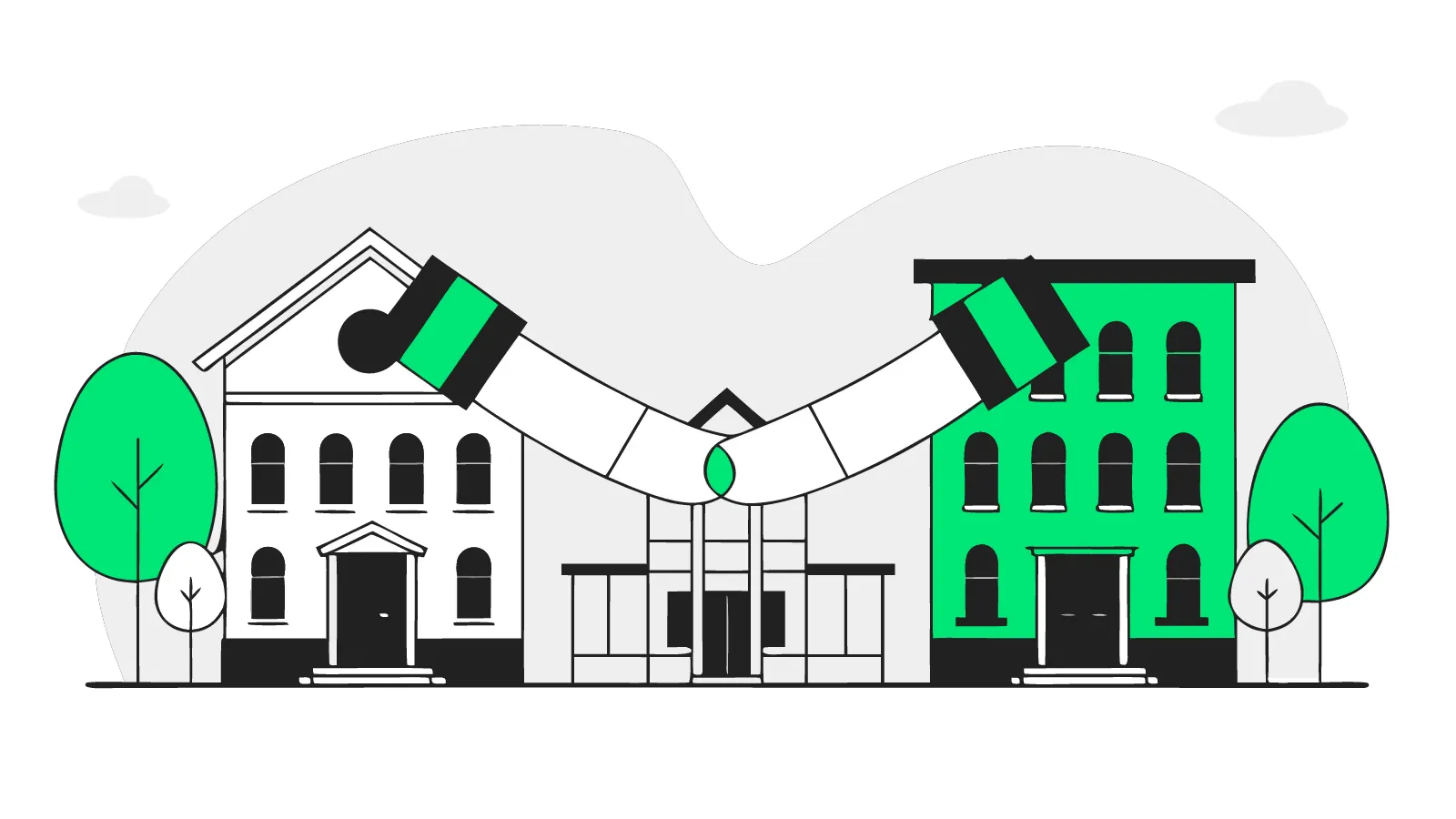 Illustration of an office, school and apartment block with EV charging bays linked by voucher tickets