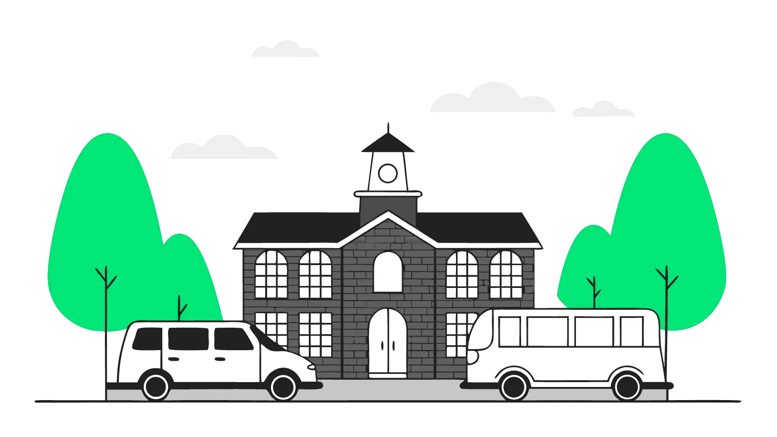 Illustration of a red-brick British school with EV chargers and a minibus in the fenced staff car park