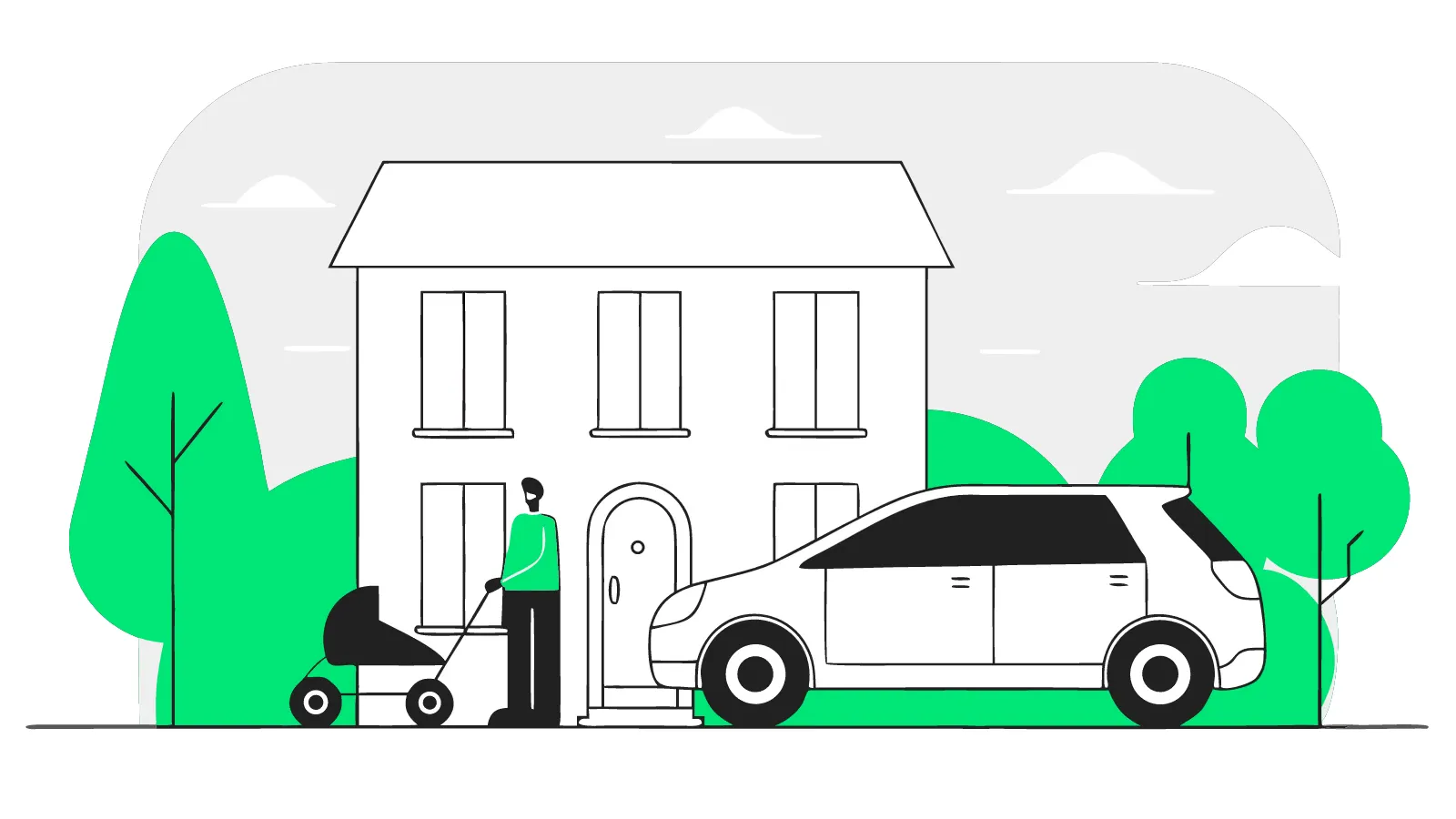 Illustration of a charging cable running through a pavement gully from a terraced house to a car at the kerb