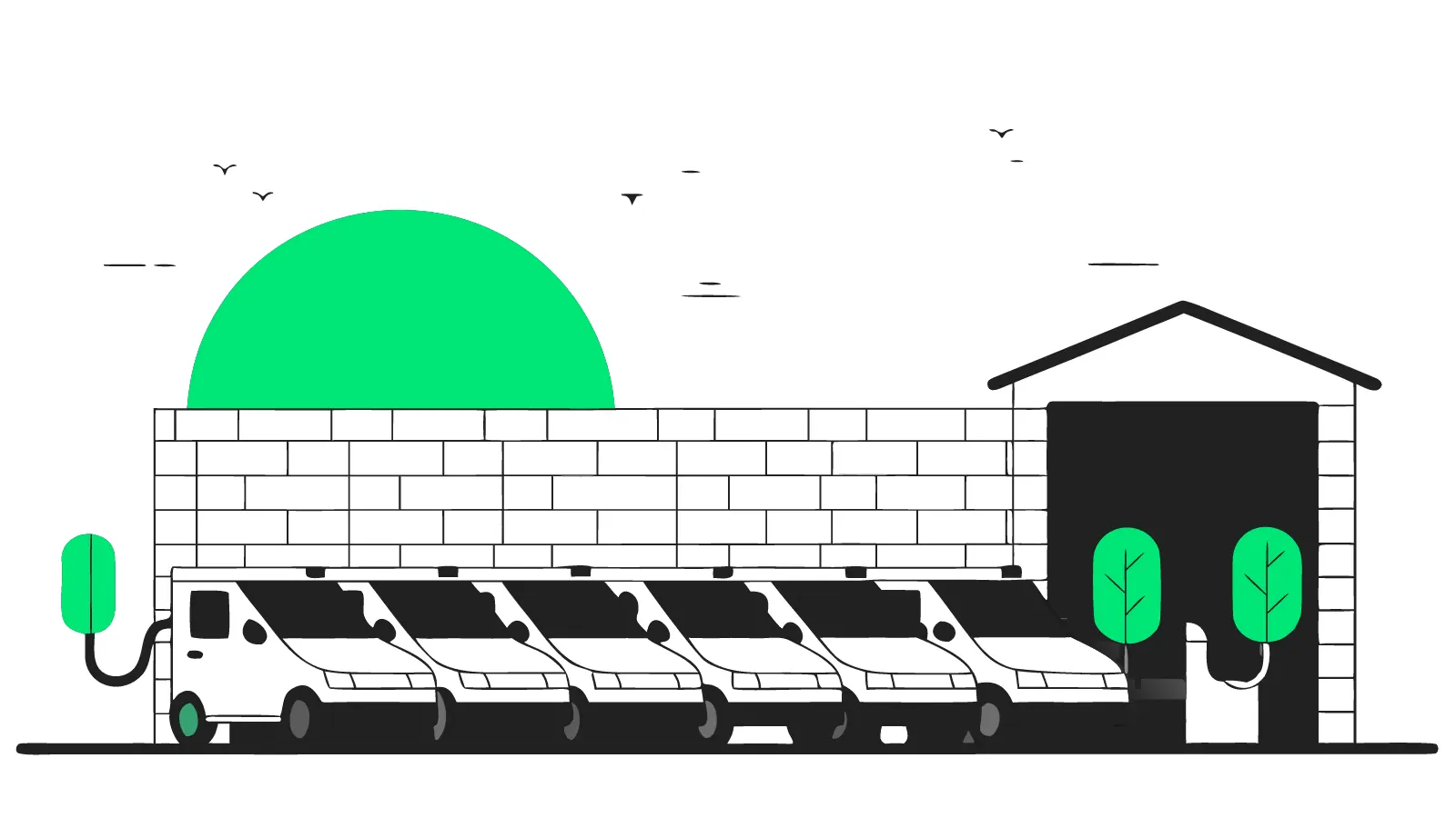 Illustration of a row of white fleet vans charging along a wall at a UK depot at dawn