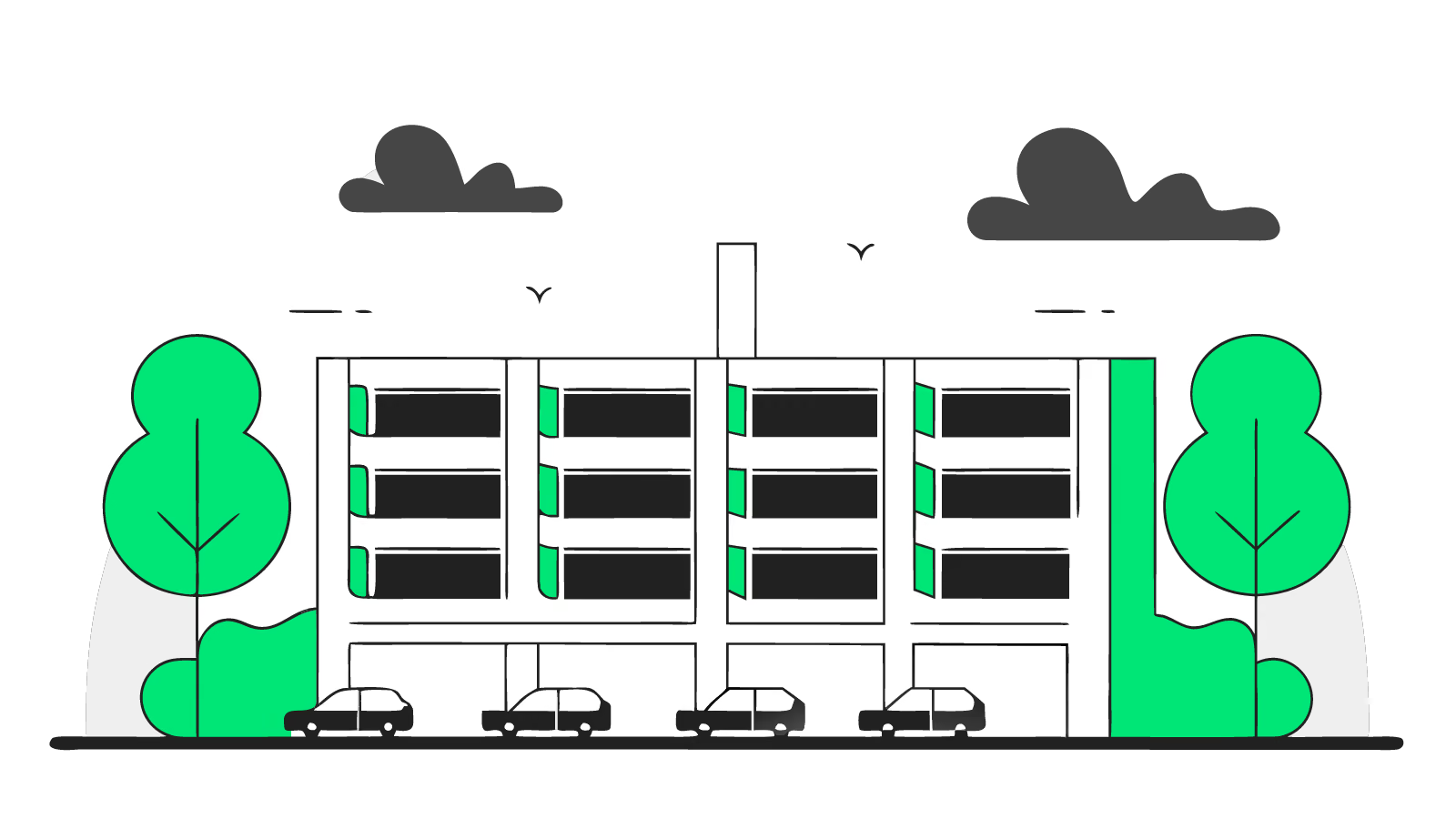Illustration of an office car park from above with a few EV chargers and dotted outlines marking future bays