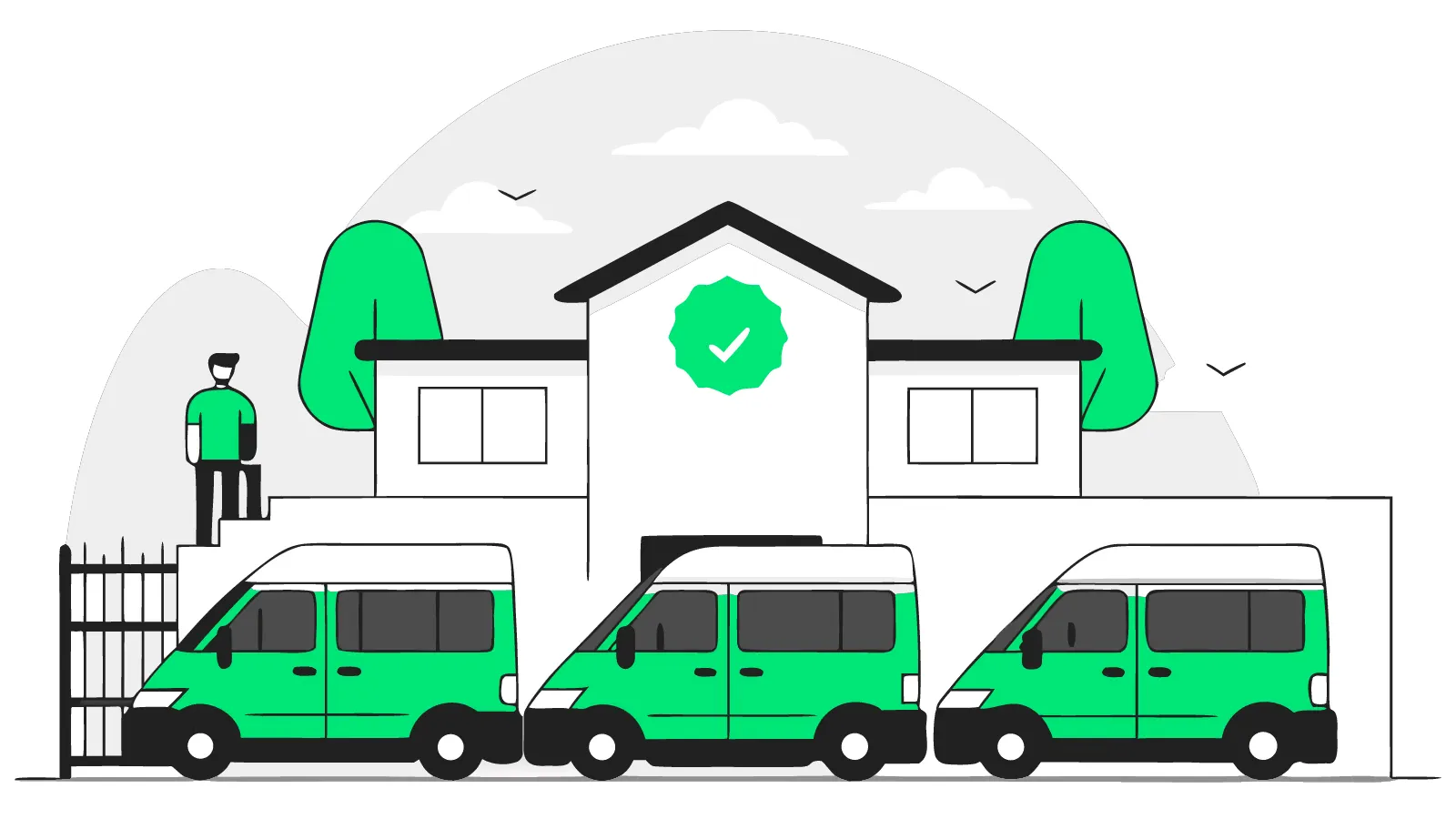 Illustration of three installer vans on a terraced street with a rosette above one as a homeowner compares