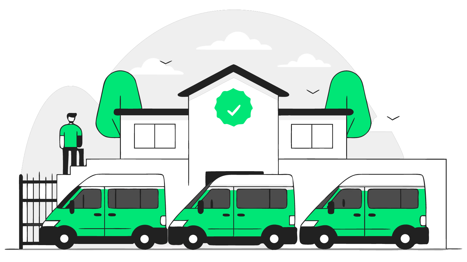 Illustration of three installer vans on a terraced street with a rosette above one as a homeowner compares