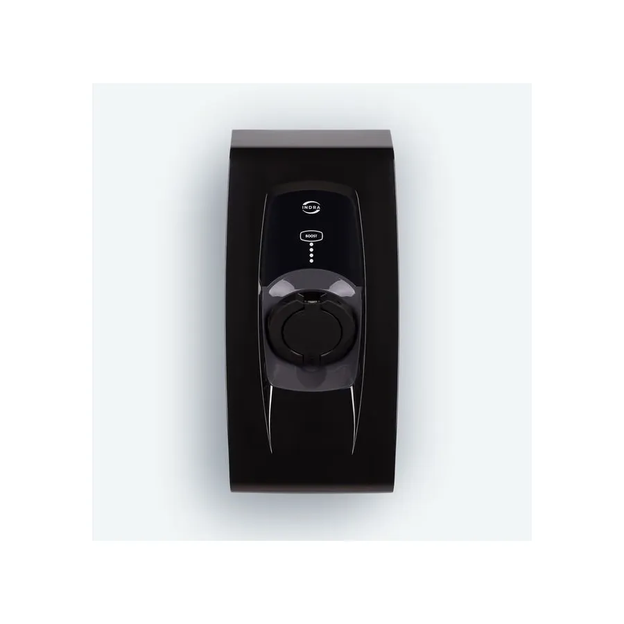 Indra Smart PRO EV charger, a black wall-mounted unit with a socket cover