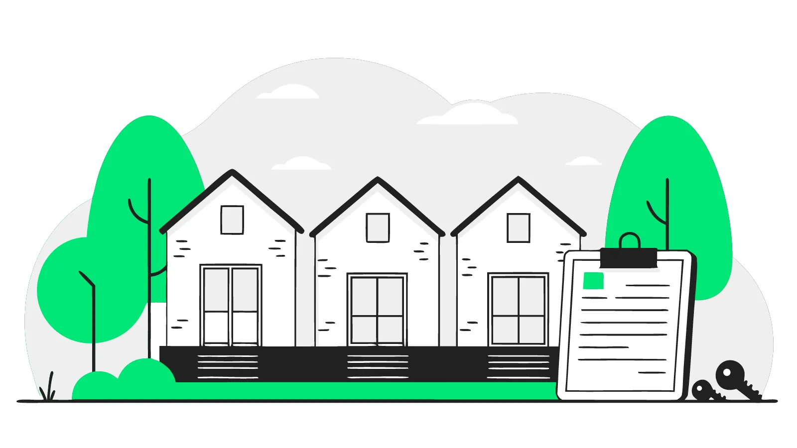 Illustration of keys and a clipboard on a wall overlooking three terraced houses each with an EV charger