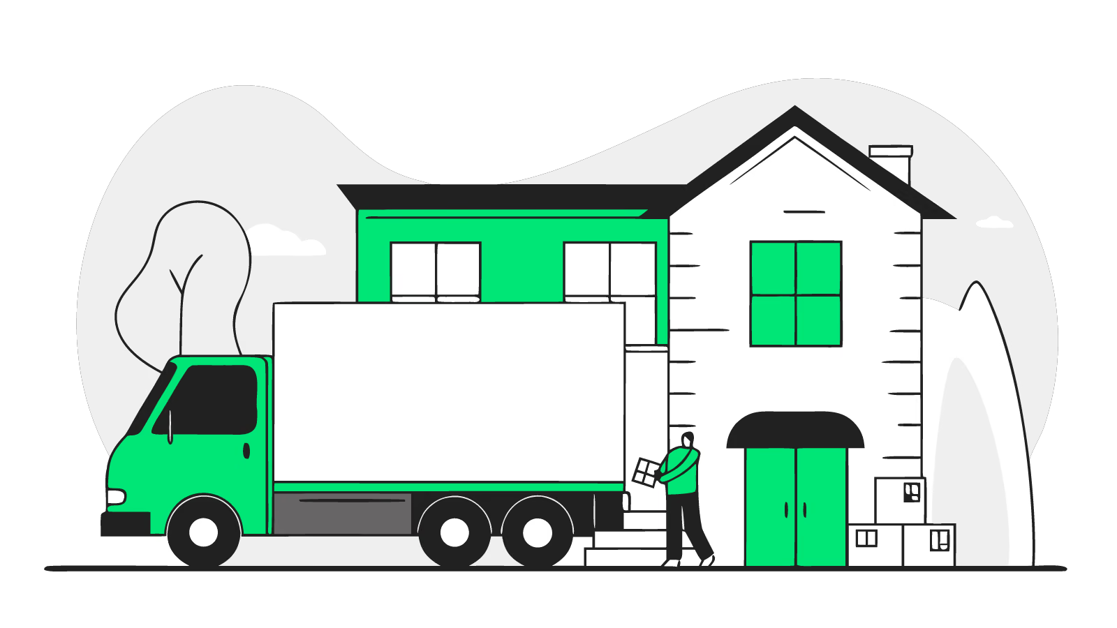 Illustration of a removals lorry outside a semi where a wallbox and its dotted outline suggest taking or leaving it