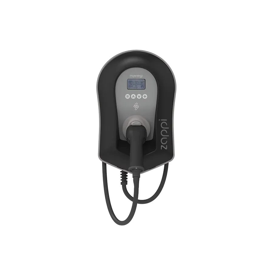 myenergi Zappi EV charger, a black tethered unit with a display