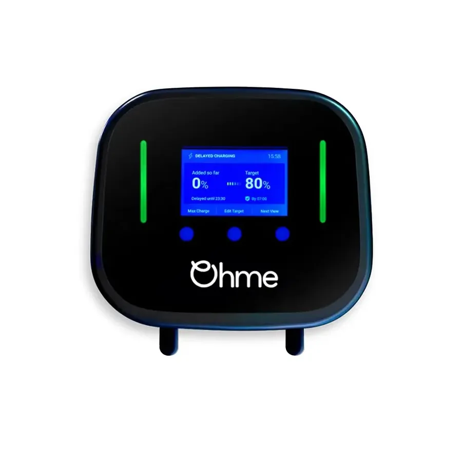Ohme Home Pro EV charger, a black wall unit with a large display
