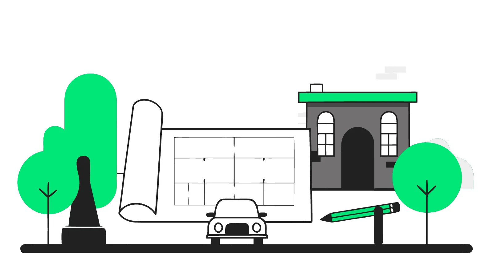 Illustration of rolled site plans overlooking a heritage building's car park with a pedestal EV charger