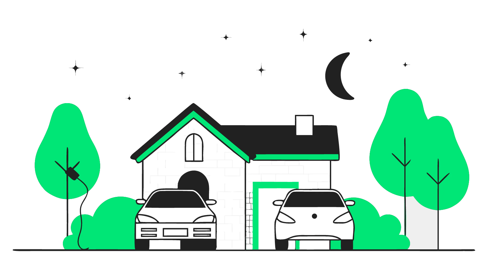 Illustration of two EVs sharing one wallbox on a driveway at night, one plugged in and one waiting