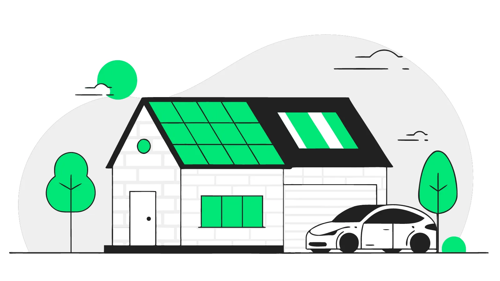 Illustration of energy flowing from rooftop solar panels through a wallbox into an EV on a UK driveway