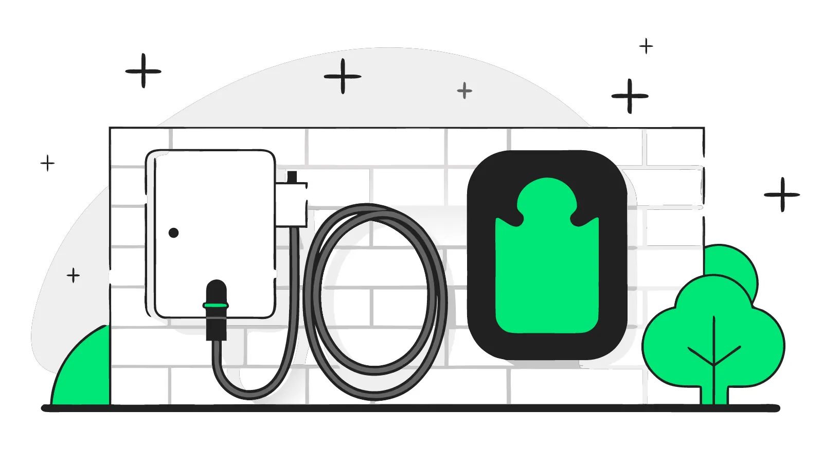 Illustration of a tethered wallbox with coiled cable next to a socket-only unit with a separate cable on a hook