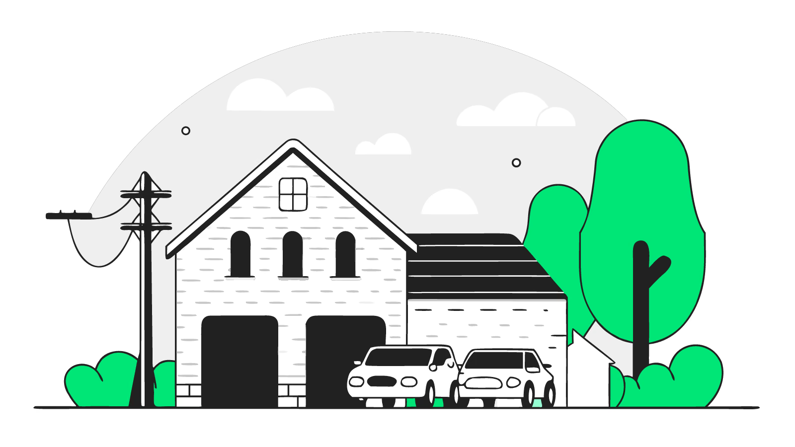 Illustration of a large UK farmhouse with three supply lines on a pole and a heavy-duty EV charger by the barn
