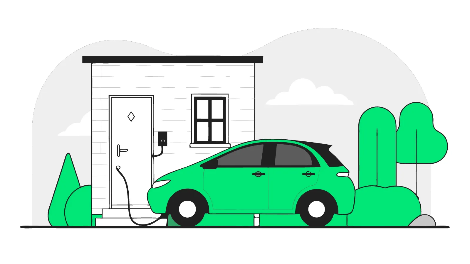 Illustration of a used EV charging via a granny cable from a house window while a boxed wallbox waits by the door