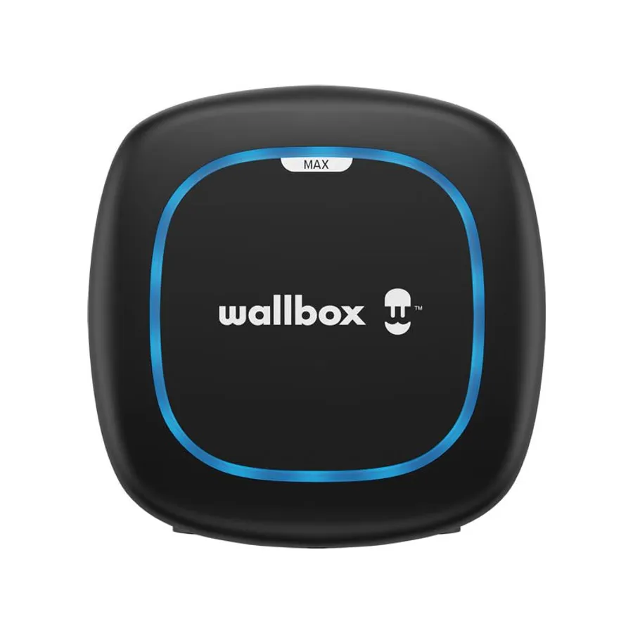 Wallbox Pulsar Max EV charger, a compact black unit with an illuminated ring