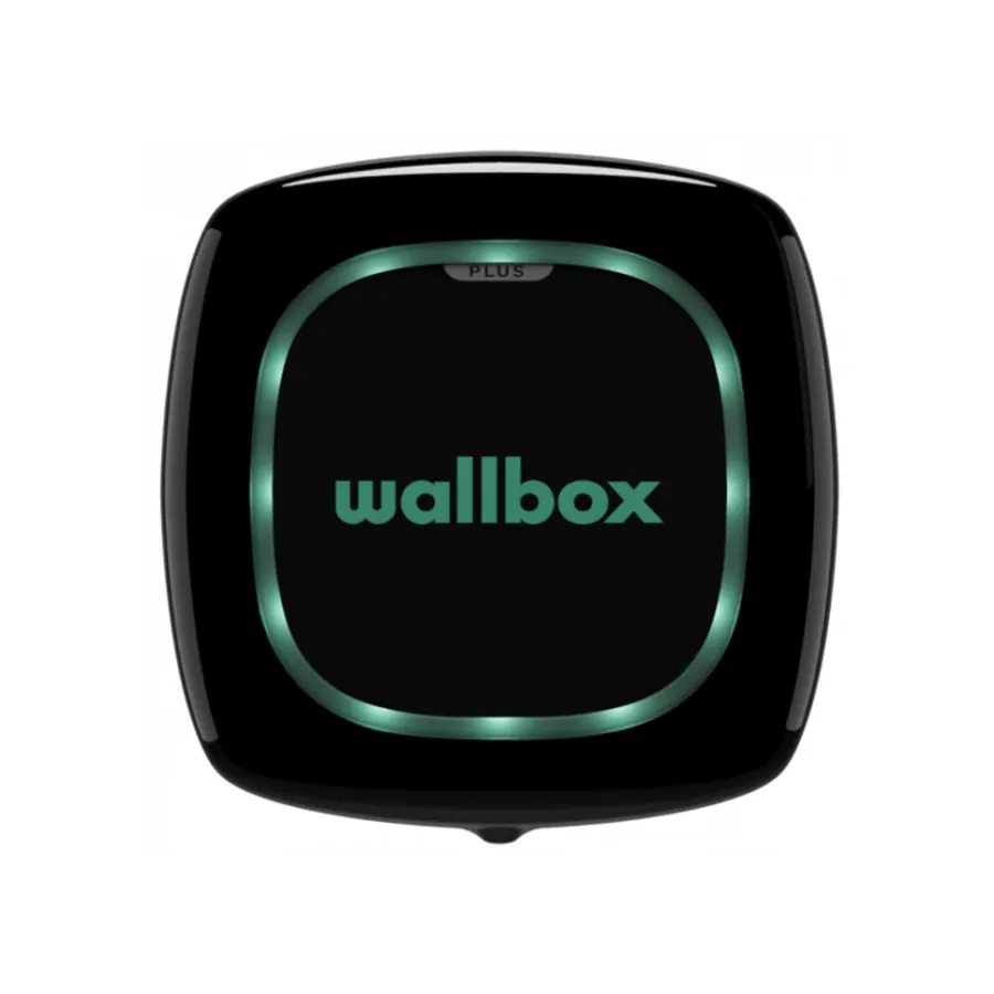 Wallbox Pulsar Plus EV charger, a compact black unit with a green illuminated ring