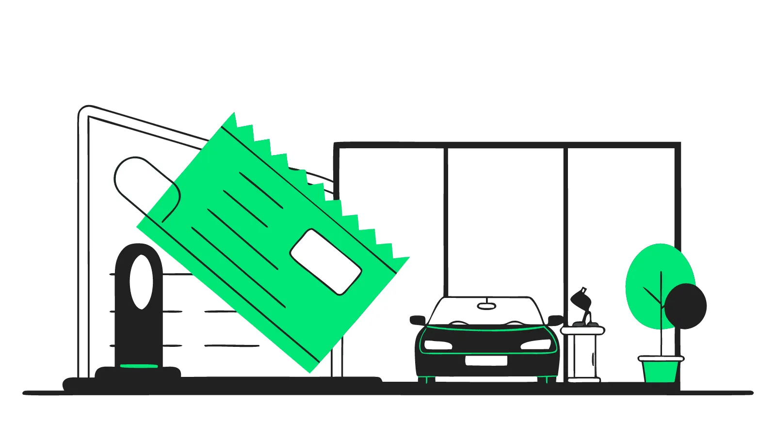 Illustration of a voucher ticket on an office desk while an installer fits an EV charger outside the window