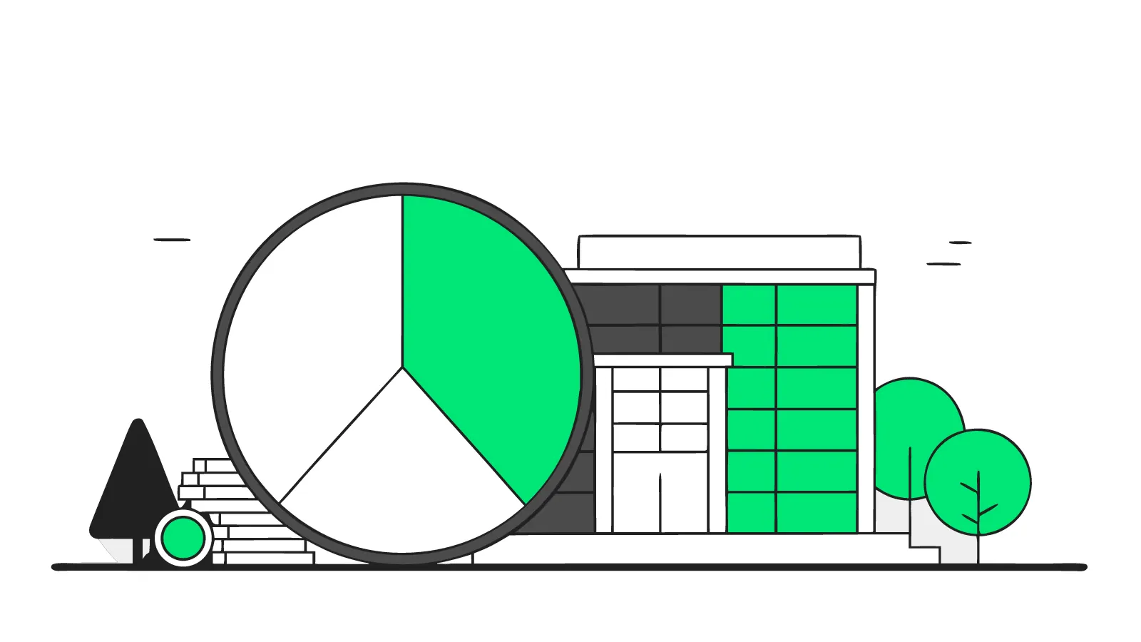 Illustration of a pie chart with one segment removed beside an EV charger outside a UK office