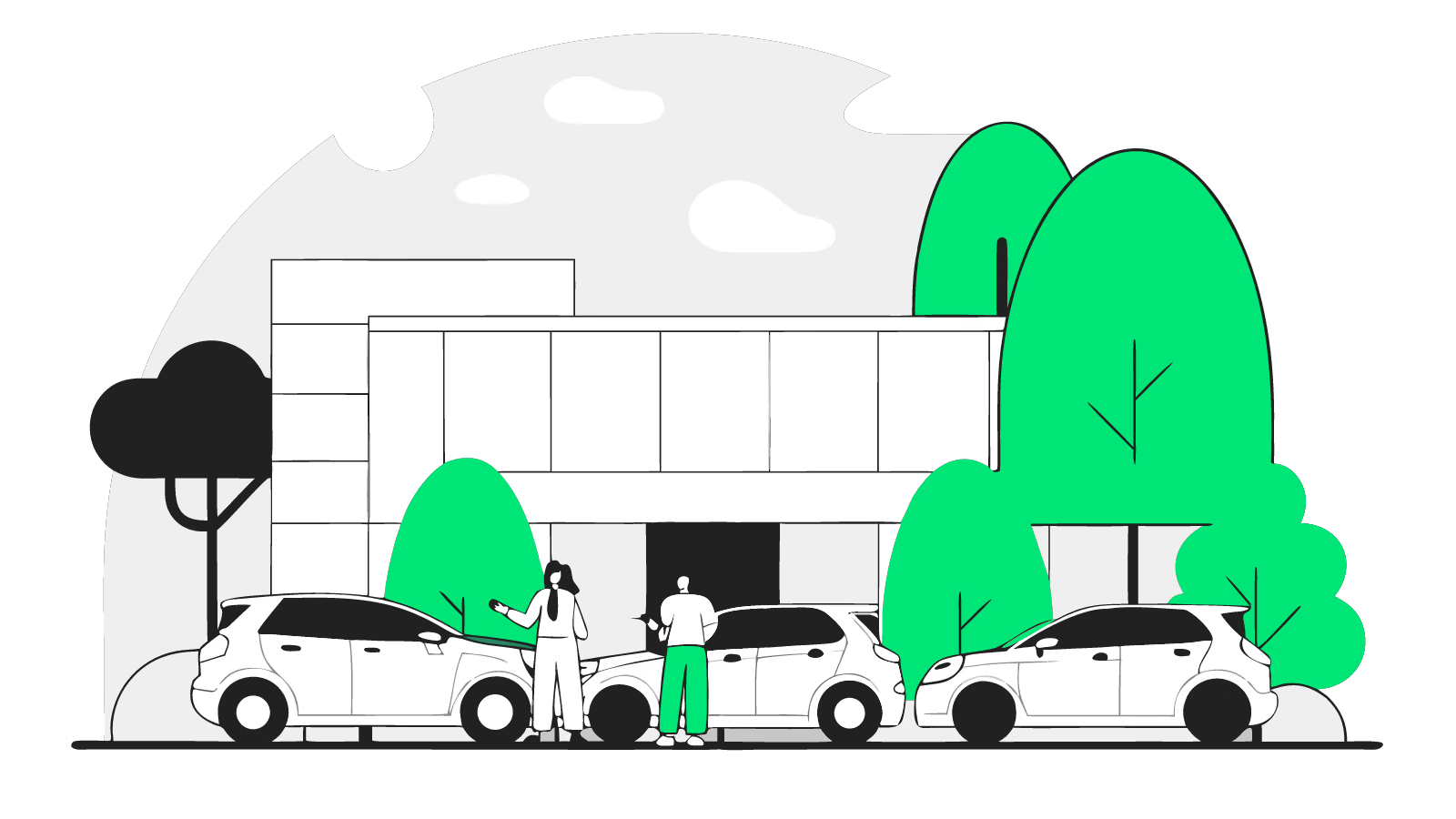 Illustration of staff EVs charging in prime bays by an office entrance, one charger topped with a gift bow