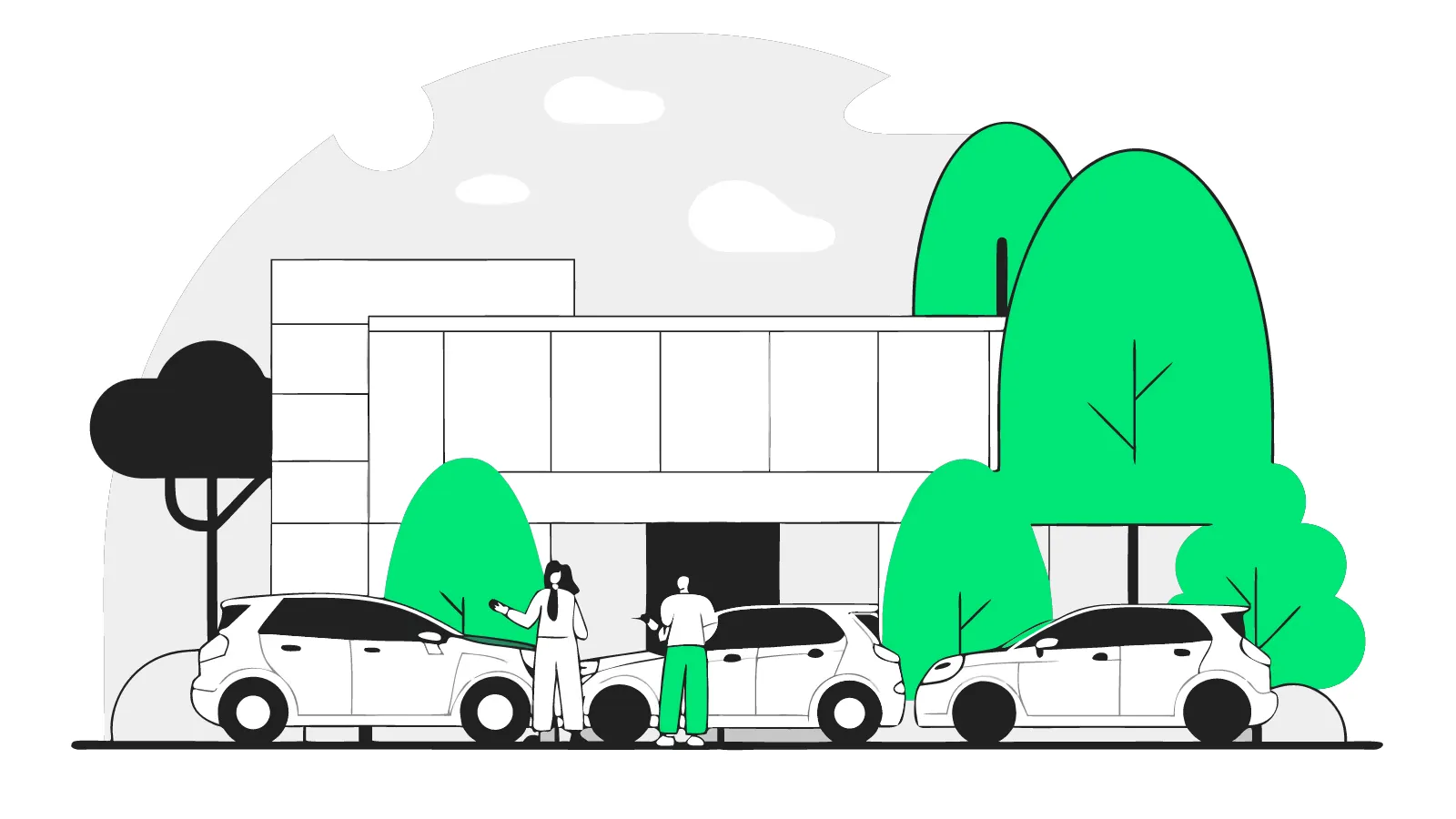 Illustration of staff EVs charging in prime bays by an office entrance, one charger topped with a gift bow
